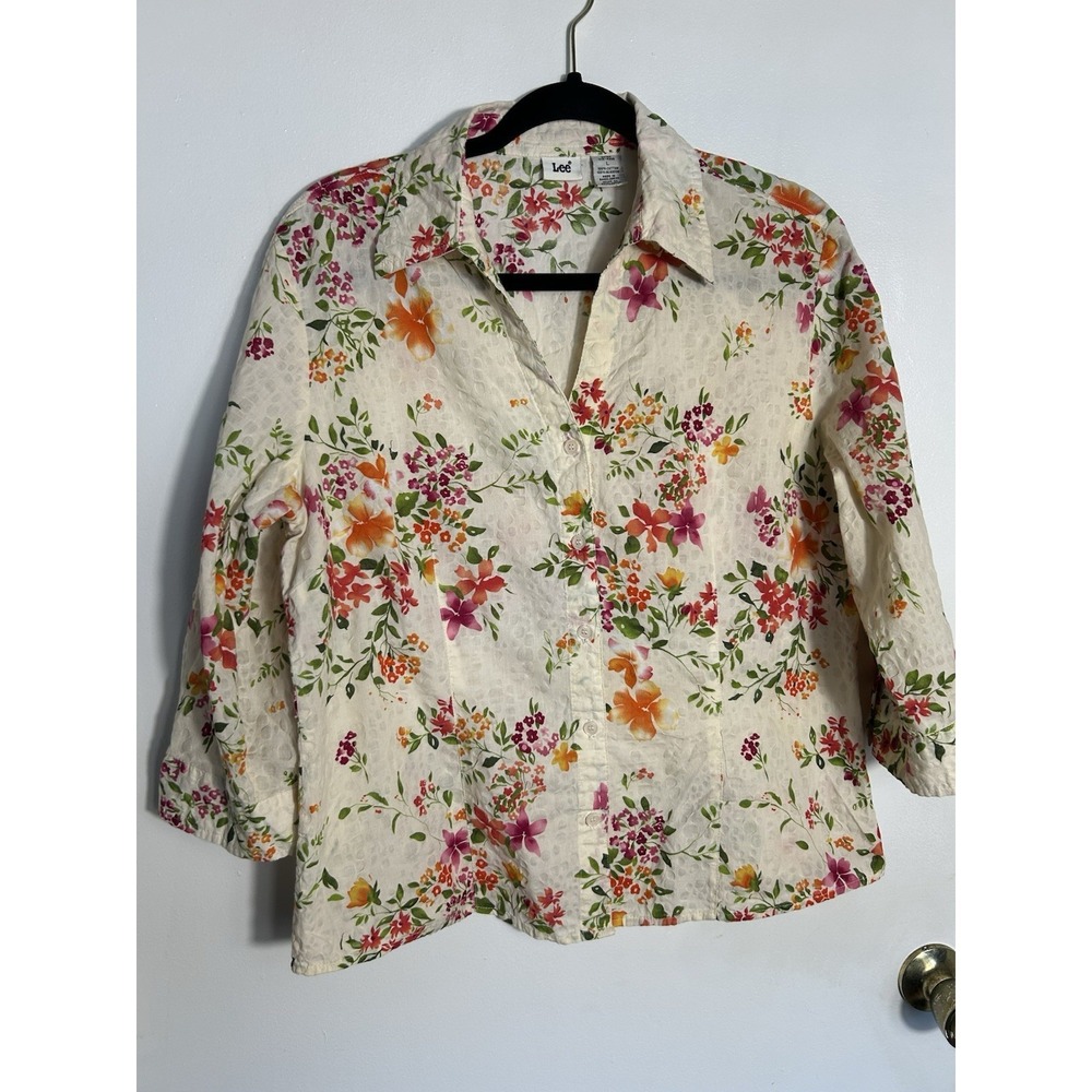 VTG Lee Floral Blouse Large 100% Cotton Textured Eyelet Summer Cottagecore Top